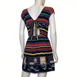 Angie City View Rainbow Stripe Back Cutout Tie Mini Dress Womens SZ M Art Deco